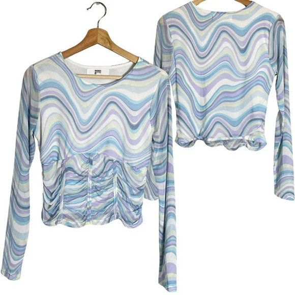 Madden NYC Y2K Wavy Corset Crop Top Women's Large Long Sleeve Mesh Stretch - Picture 2 of 14